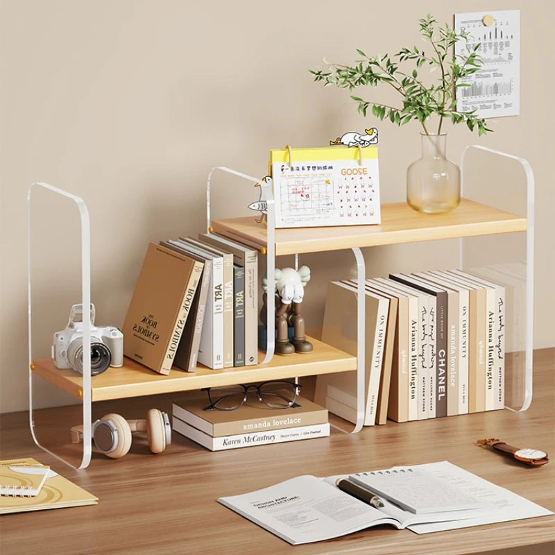 HANDMADE Simple Wood-Based Panel Shelf Sturdy Desktop Bookshelf Expandable Stationery Organizer Heavy-Duty Storage Rack for Office Desk