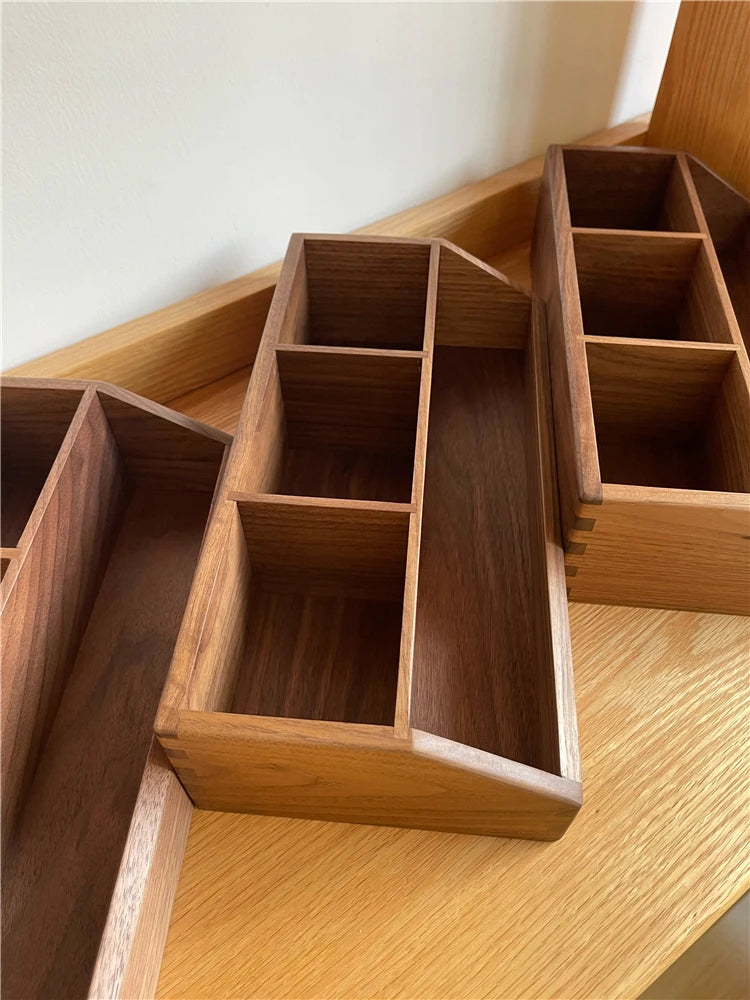 HANDMADE BLACK WWALNUT Multi-grid Wooden Organizer Angled Desktop Storage Box Multifunctional Remote Control Storage Tray Minimalist Drawer Dividers