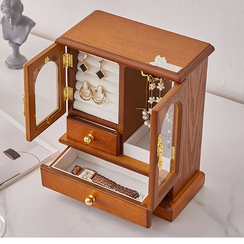 HANDMADE Retro Wooden Jewelry Storage Box High-end Earrings Necklaces Rings Storage Holder Rack Dustproof Cabinet Desktop Showcase