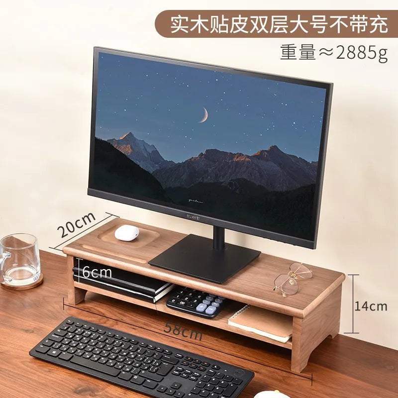HANDMADE OAK WOOD SCREEN HOLDER WITH CHARGERS Desktop Monitor Riser Office Computer Stand with USB Extension Solid Wood Drawer Organizer Space-Saving Storage Frame for Desk