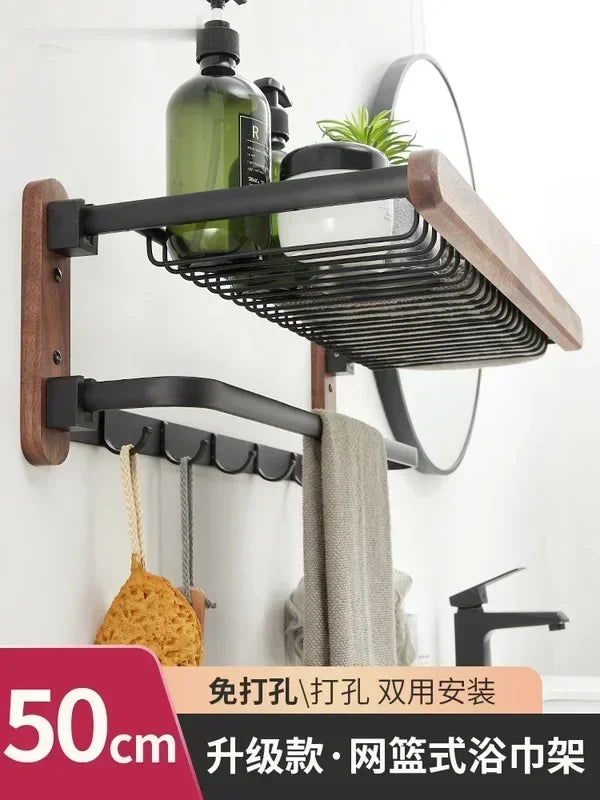 handmade Walnut Wood Towel Holder Non Punching Rack Waterproof Moisture-proof Bathroom Storager Foldable Shelves High Load-bearing Hanger