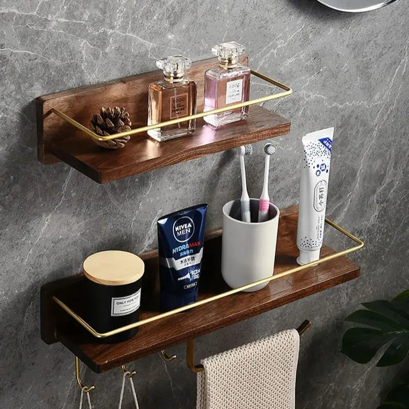 HANDMADE Wooden Bathroom Shelf Wall Bathroom Towel Rack With Hook Aluminum Shower Storage Rack Shampoo Holder Bathroom Accessories