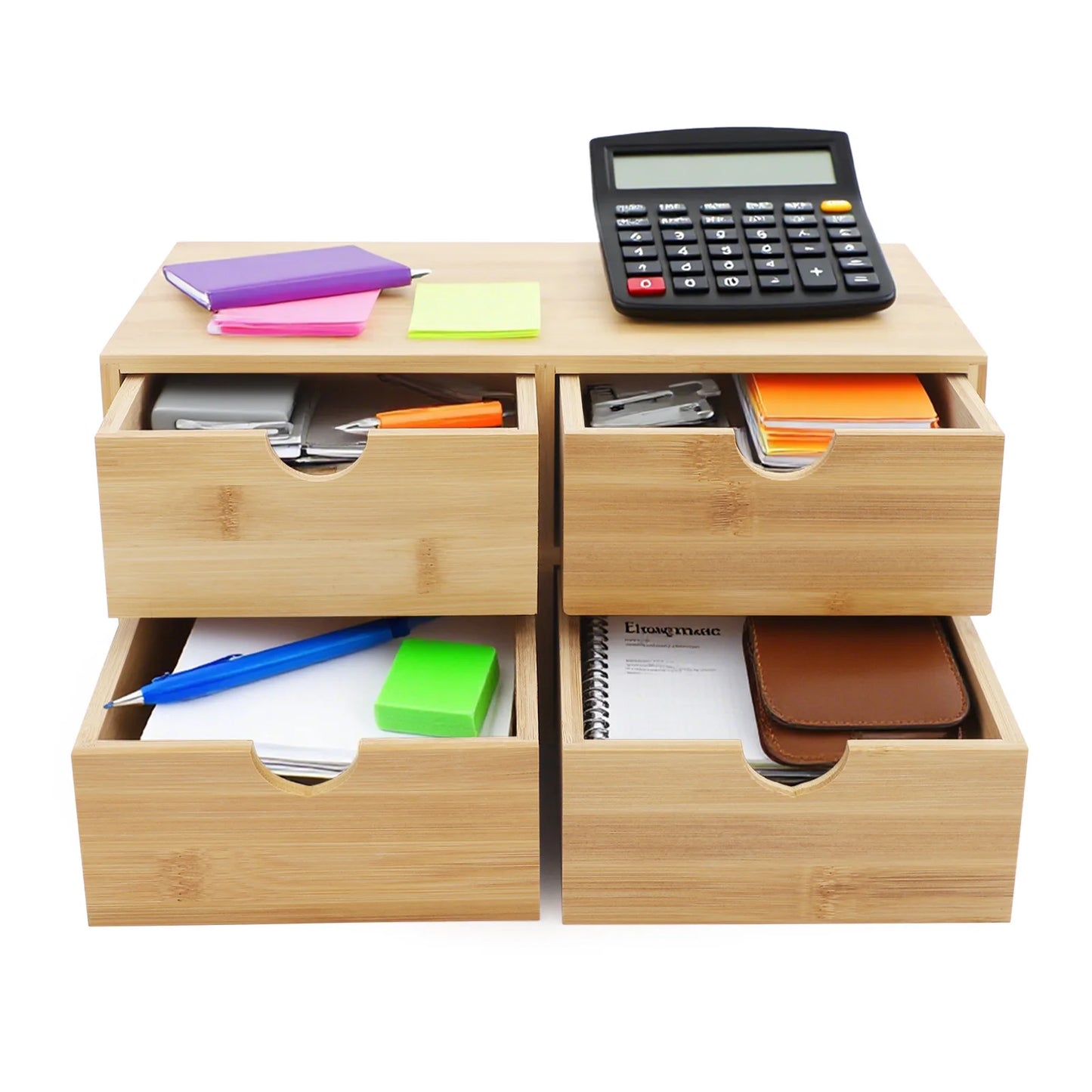 HANDMADE Bamboo 4-Drawer Desktop Organizer, 12.99x7.48in Wood Office Desk Storage for Makeup, Stationery, Minimalist Home Office Decor