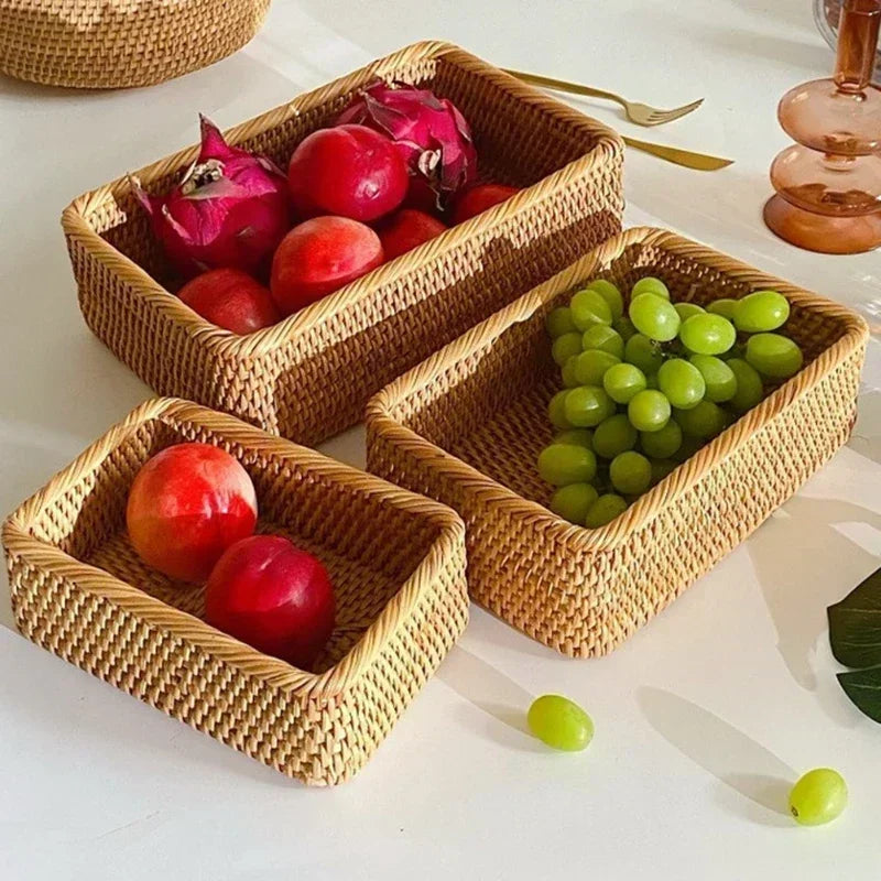 handmade Handwoven Rectangular Rattan Wicker Basket Fruit Tea Snack Bread Picnic Cosmetic Storage Box Kitchen Supplies Household Tools