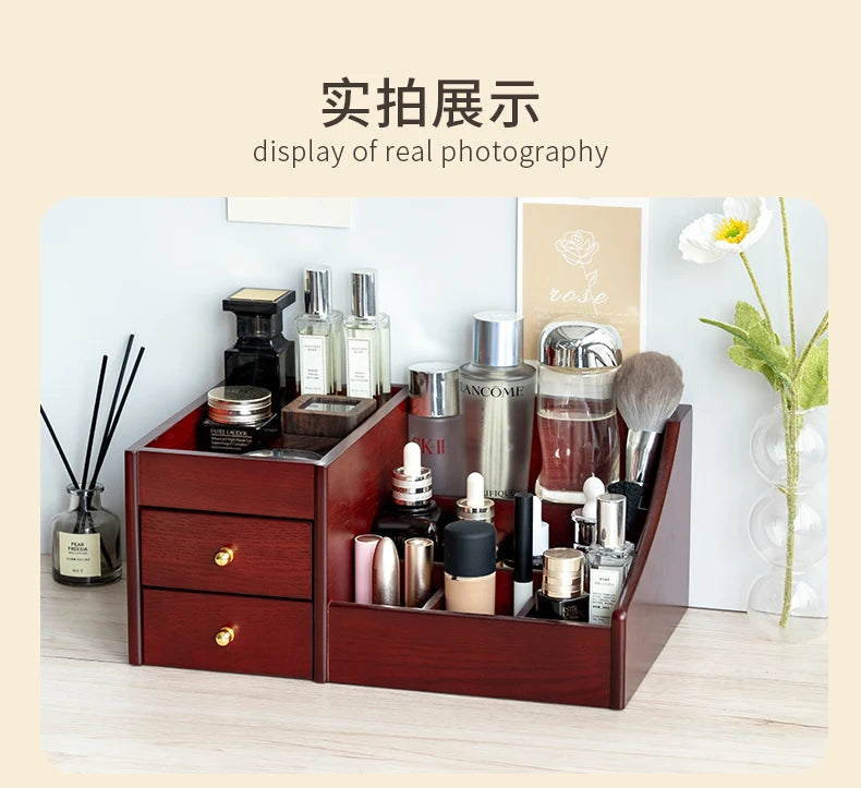 HANDMADE WOOK MAKEUP SOTRAGE ORGANIZER Clear Wood Texture Makeup Organizer Large Capacity Drawer Box Luxury Storage for Lipstick Mask and Skincare