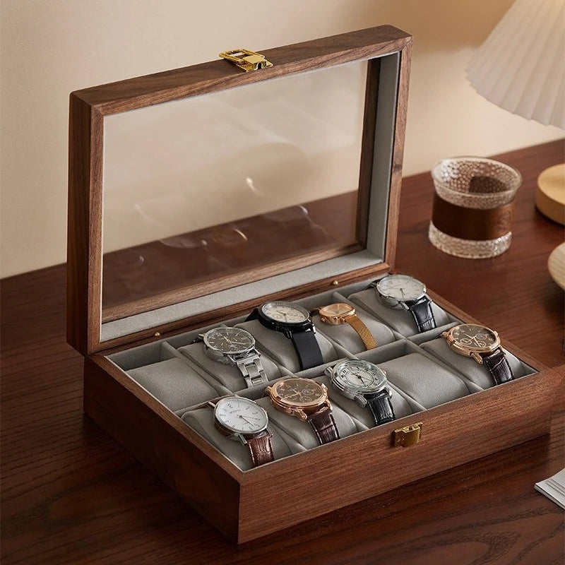 HANDMADE Black Walnut Watch Box Luxury Retro Watches Storage Boxes Man Mechanical Watch Display Case Transparent Skylight Organizer Gift
