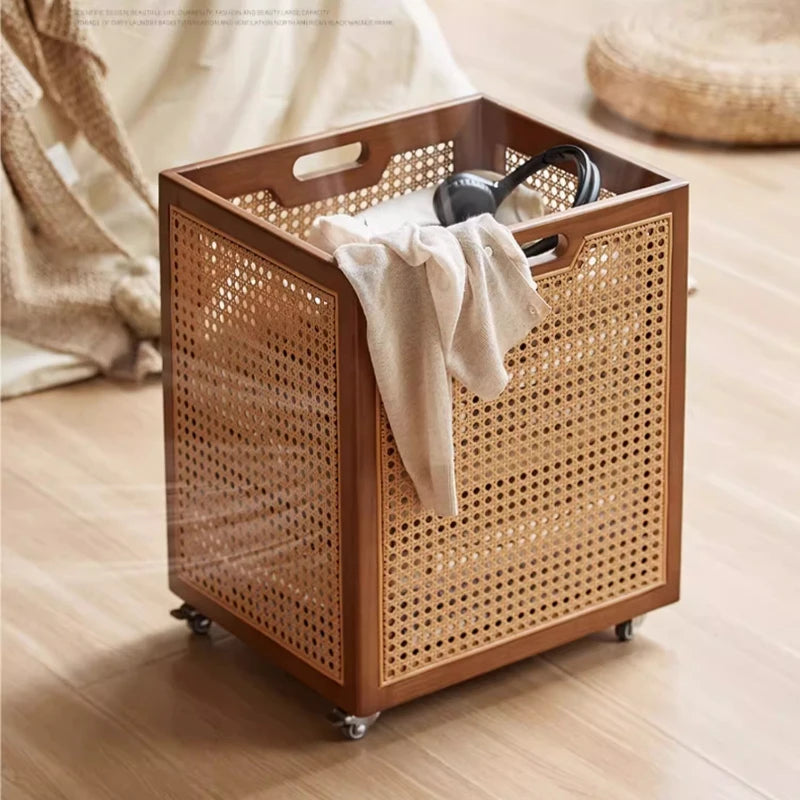 HANDMADE RATTAN BAMBOO BASKET SSTORAGE Rattan Weave Dirty Clothes Basket with Pulley Multi-Functional Gym Equipment Rack for Home Workout Space Yoga Mat Storage Basket