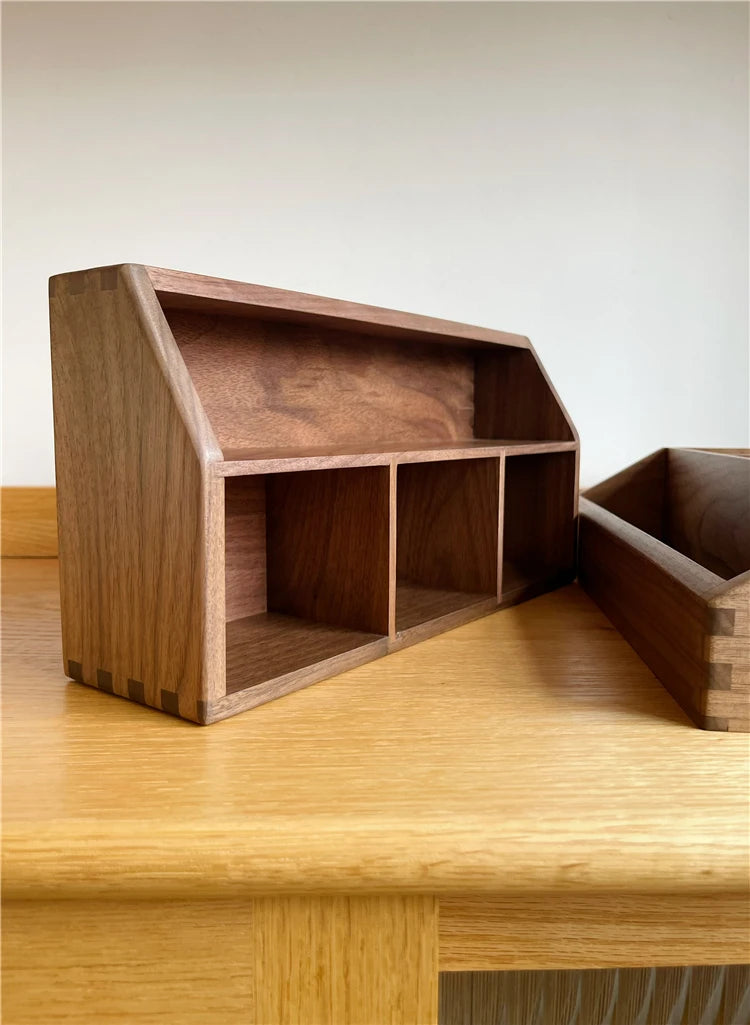HANDMADE BLACK WWALNUT Multi-grid Wooden Organizer Angled Desktop Storage Box Multifunctional Remote Control Storage Tray Minimalist Drawer Dividers
