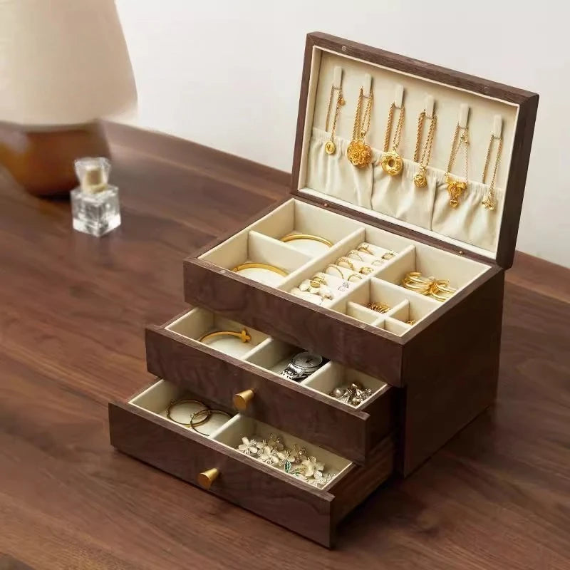 HANDMADE Black Walnut Jewelry Box Large Luxury Ring Storage Boxes Necklaces Earring Bracelet Display Case Jewellery Packaging Organizer