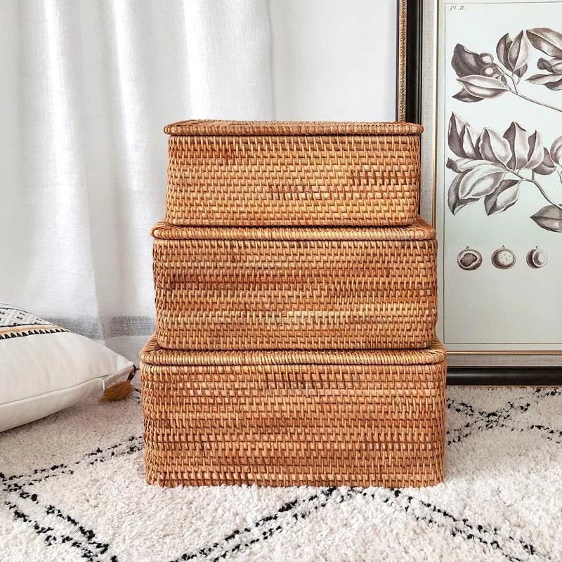 handmade Hand-Woven Rattan Laundry Basket with Cover Large Clothing Sundry Books Primary Color Storage Basket Home Supplies