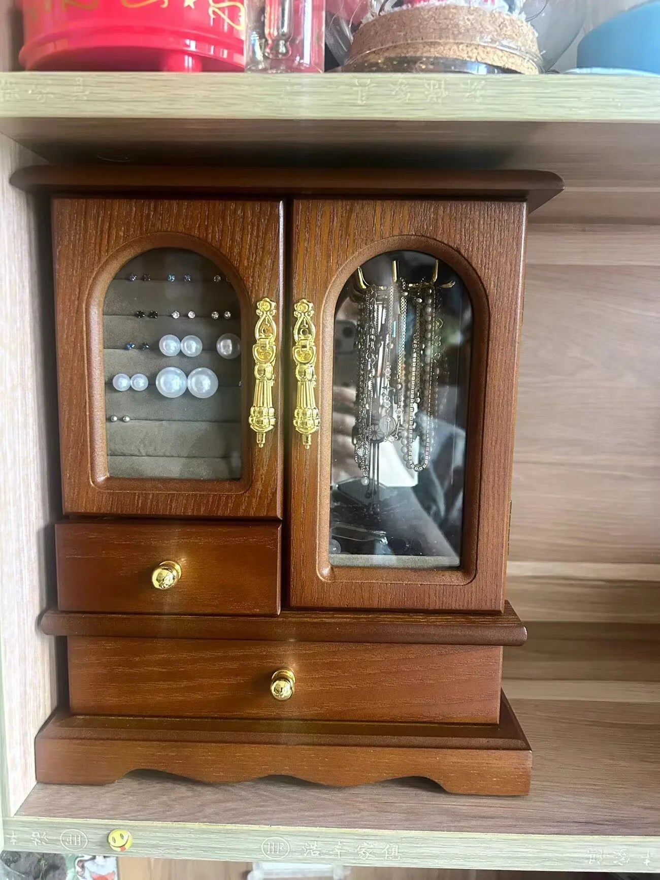 HANDMADE Retro Wooden Jewelry Storage Box High-end Earrings Necklaces Rings Storage Holder Rack Dustproof Cabinet Desktop Showcase
