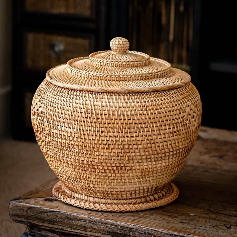 handmade rattan basket storage New Hand-woven Basket Primary Colours Simple Retro Rattan Storage Boxes with Lids Jewelry Tea Set Storage Boxes Household Items