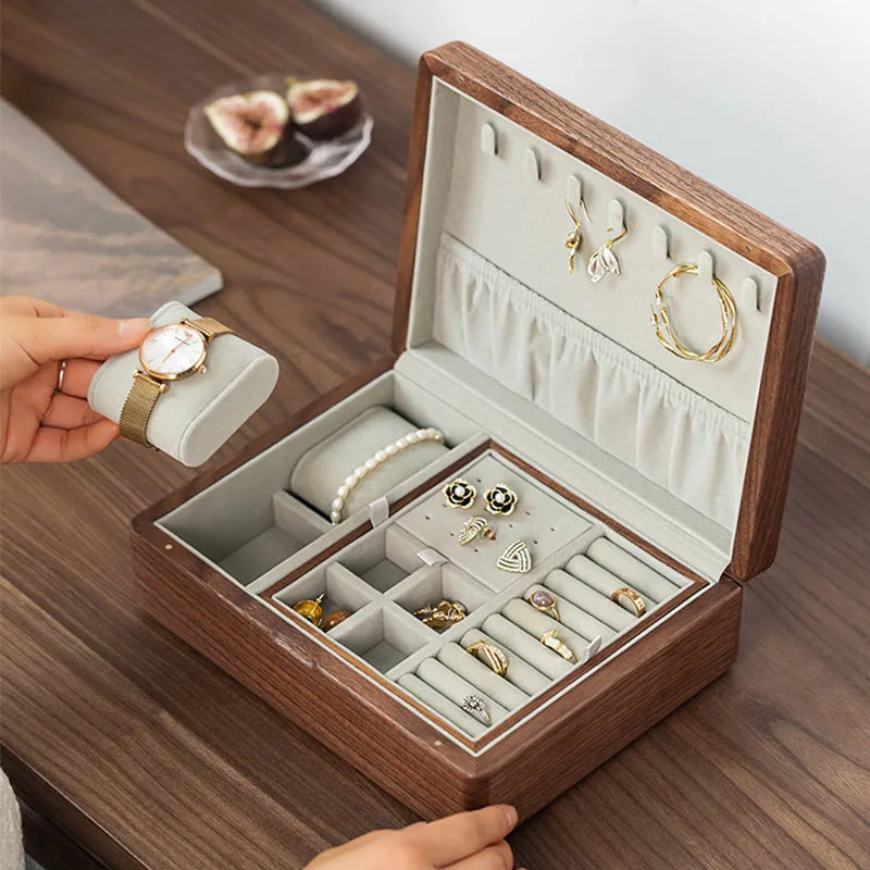 hadnmade Jewelry Box Double Layer Wooden Cases with Multi-compartments Necklace Bracelets Earrings Organizer Walnut Wood Jewelry Boxes