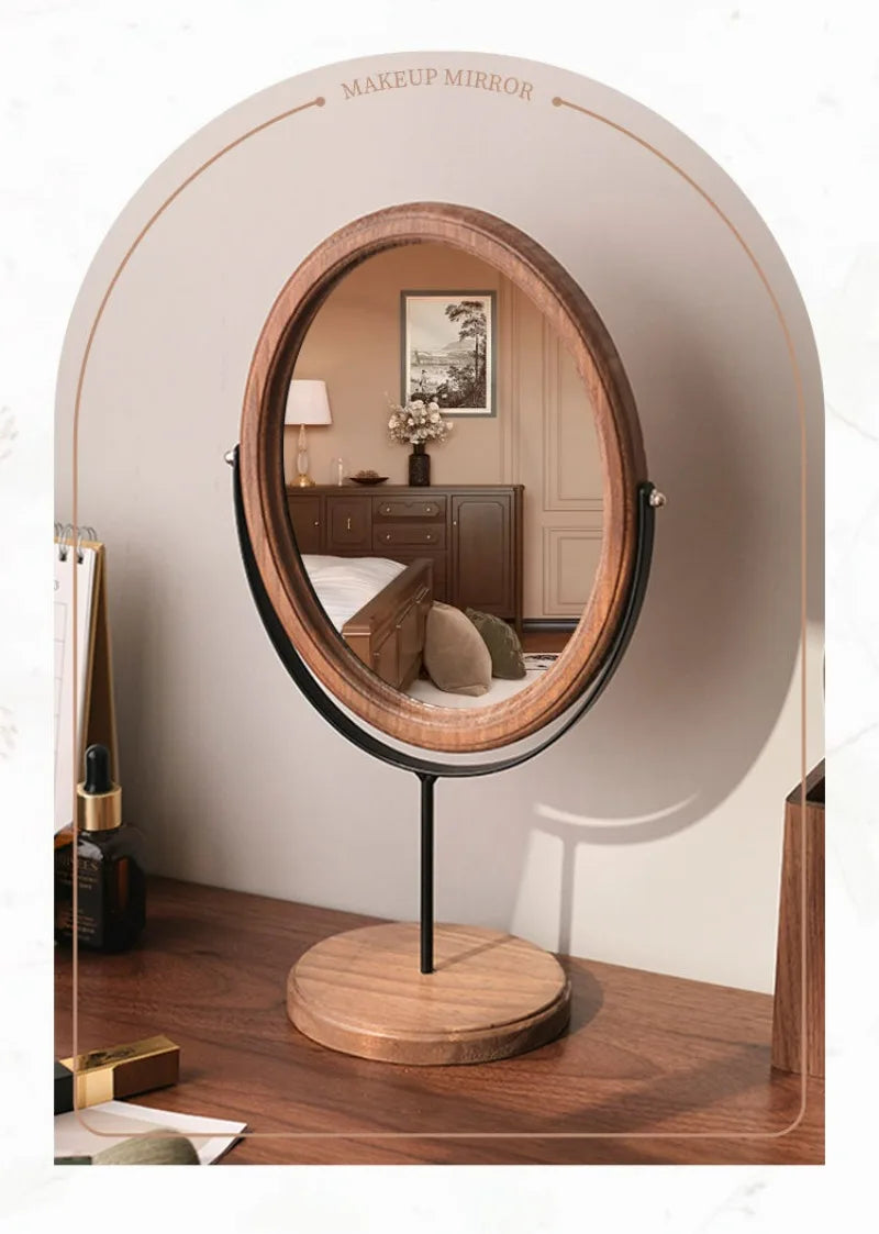 HANDMADE Espejo Decorativo Retro Chinese Style Wooden Vanity Mirror Rotatable Desktop Vanity Mirror Simple Dormitory Desktop Ornament