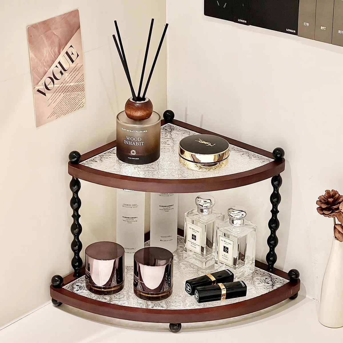 Stylish Wooden Desktop Organizer Shelf – Three-Layer Home Decor Storage Stand for Bedroom, Foyer & Bathroom