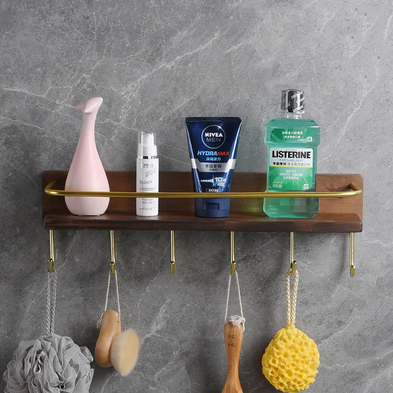 HANDMADE Wooden Bathroom Shelf Wall Bathroom Towel Rack With Hook Aluminum Shower Storage Rack Shampoo Holder Bathroom Accessories