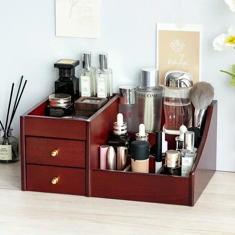 HANDMADE WOOK MAKEUP SOTRAGE ORGANIZER Clear Wood Texture Makeup Organizer Large Capacity Drawer Box Luxury Storage for Lipstick Mask and Skincare
