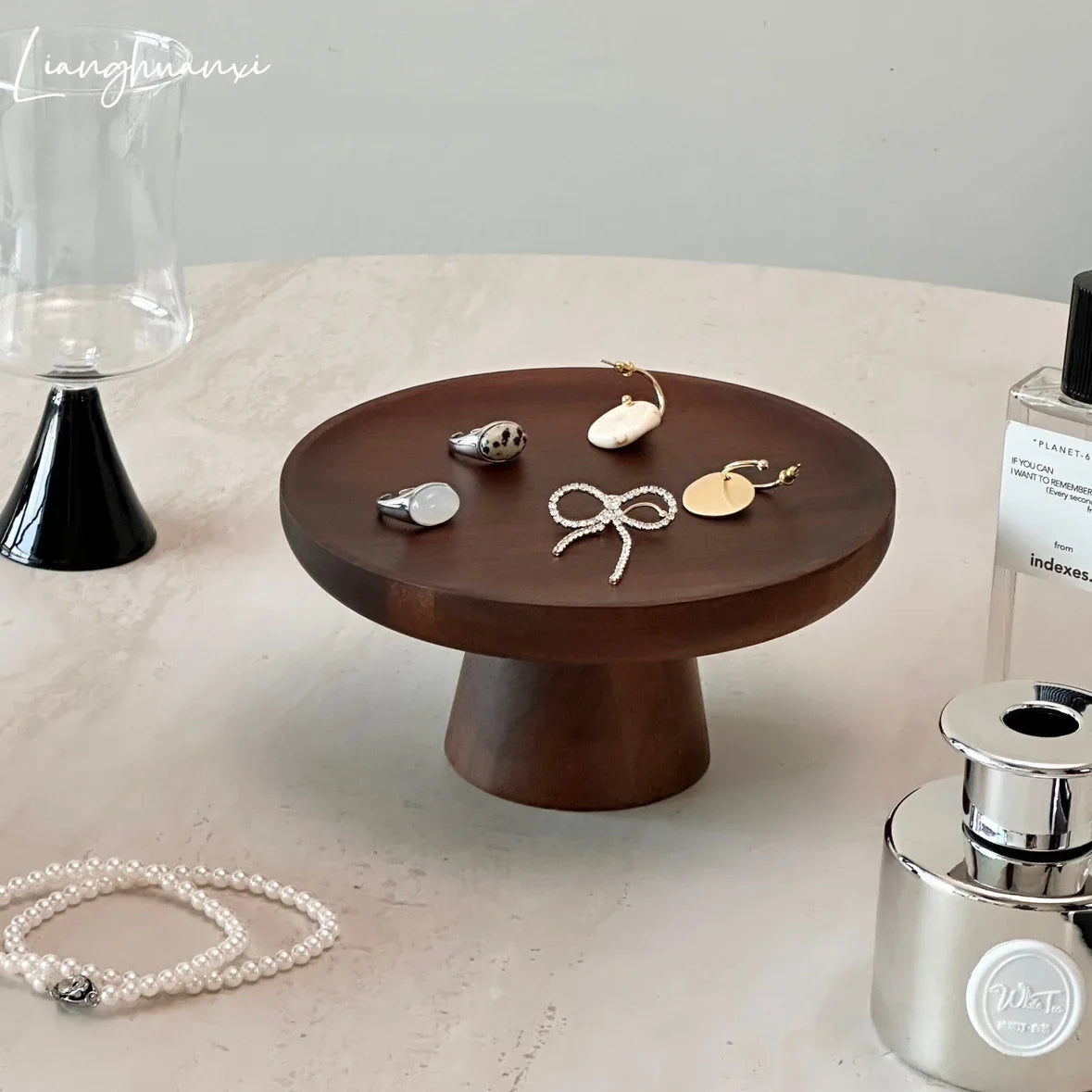 handmade Solid Wood Perfume Rack Living Room Dim Sum Dish Retro High Foot Jewelry Tray Walnut Color Dessert Table Display Wood Fruit Tray
