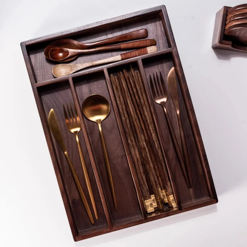 BHANDMADE lack Walnut Utensil Organizer Wooden Cutlery Tray for Kitchen Luxury Knife/Fork Storage Box High-grade Spoon Chopsticks Holder