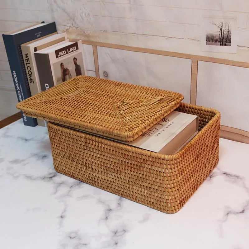 handmade Hand-Woven Rattan Laundry Basket with Cover Large Clothing Sundry Books Primary Color Storage Basket Home Supplies