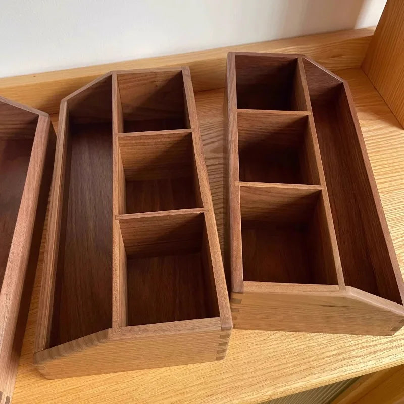 HANDMADE BLACK WWALNUT Multi-grid Wooden Organizer Angled Desktop Storage Box Multifunctional Remote Control Storage Tray Minimalist Drawer Dividers