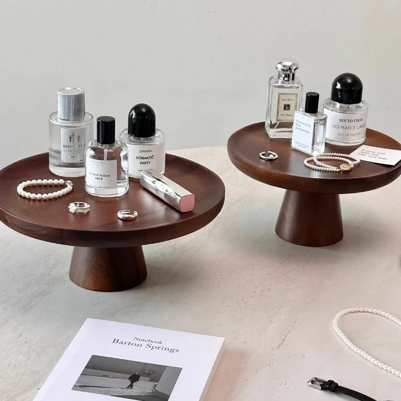 handmade Solid Wood Perfume Rack Living Room Dim Sum Dish Retro High Foot Jewelry Tray Walnut Color Dessert Table Display Wood Fruit Tray