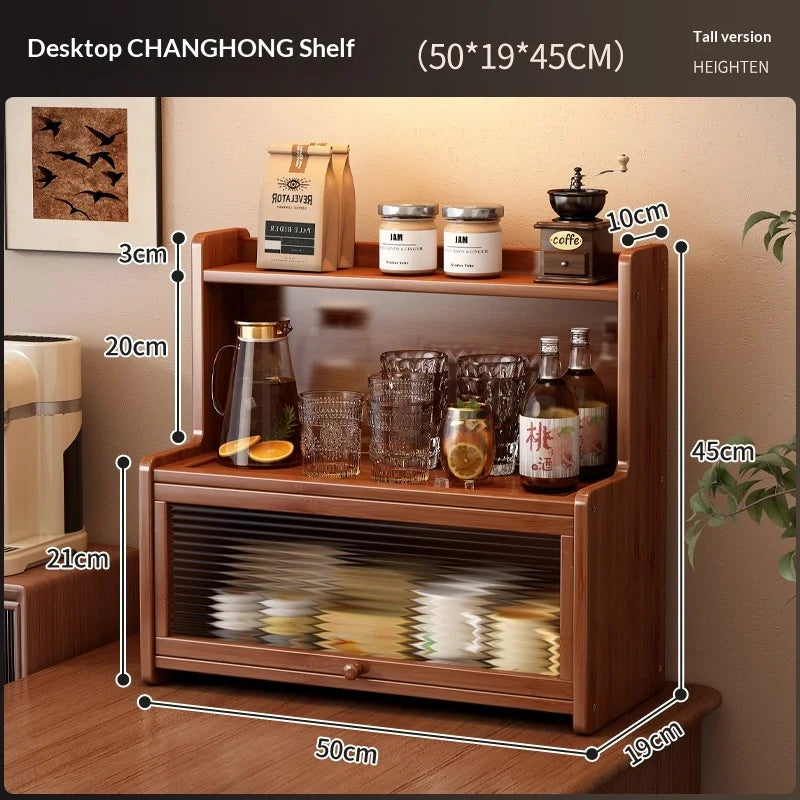 Multifunctional Bamboo Countertop Organizer Rack with Dustproof Door | Kitchen & Bathroom Storage Shelf
