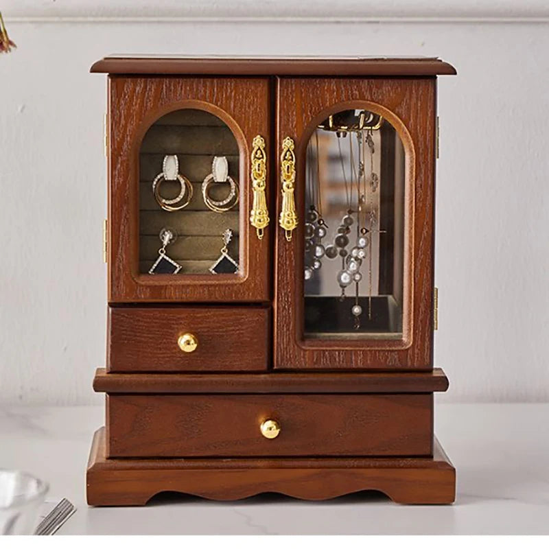 HANDMADE Retro Wooden Jewelry Storage Box High-end Earrings Necklaces Rings Storage Holder Rack Dustproof Cabinet Desktop Showcase