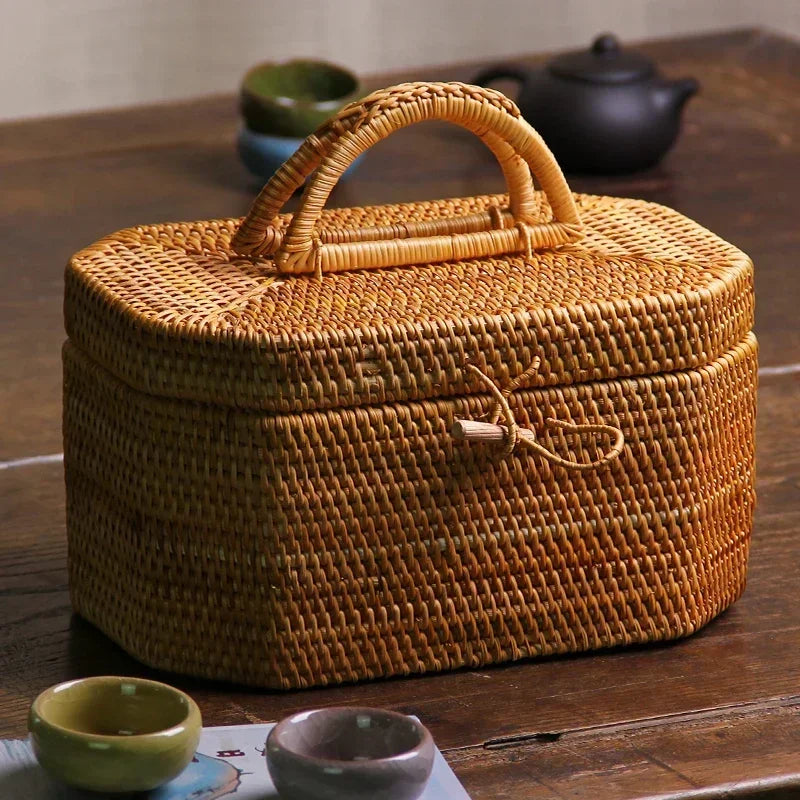 handmade Handwoven Rattan Storage Box with Handle Wicker Ornament Box Tea set Container Picnic Bread Fruit Cake Basket Kitchen Organizer