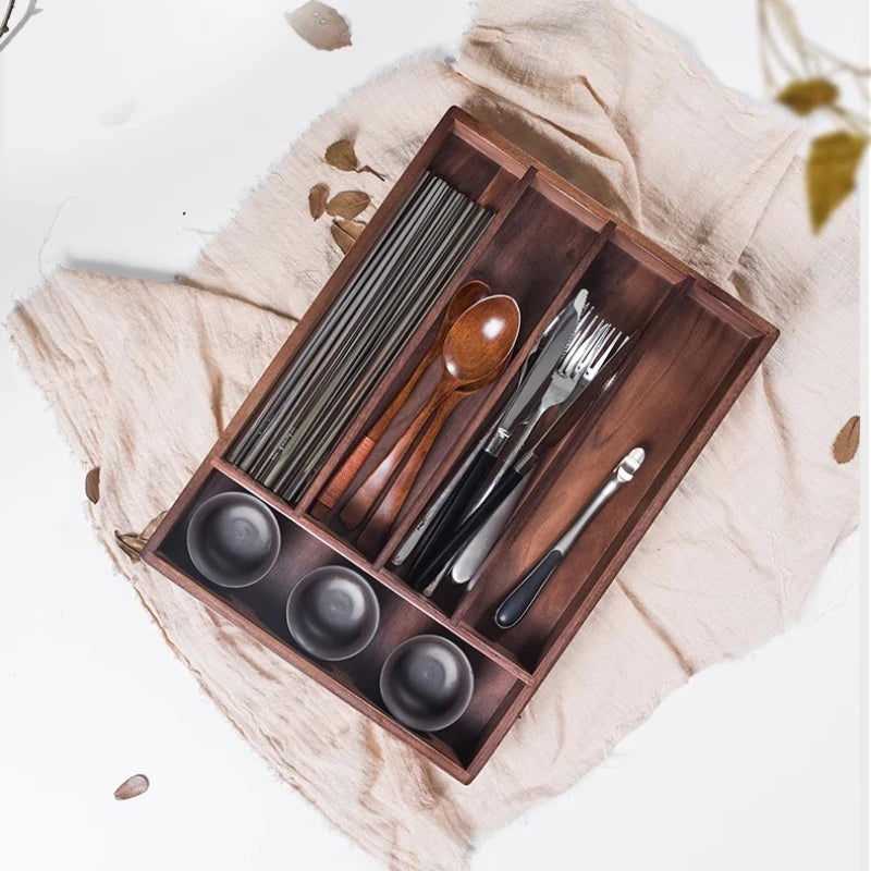 BHANDMADE lack Walnut Utensil Organizer Wooden Cutlery Tray for Kitchen Luxury Knife/Fork Storage Box High-grade Spoon Chopsticks Holder