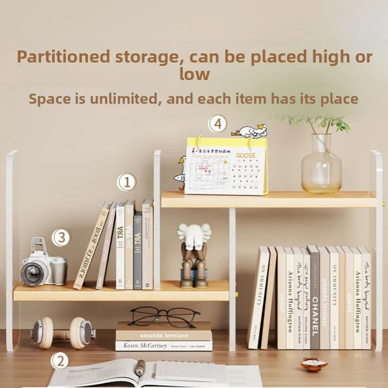HANDMADE Simple Wood-Based Panel Shelf Sturdy Desktop Bookshelf Expandable Stationery Organizer Heavy-Duty Storage Rack for Office Desk