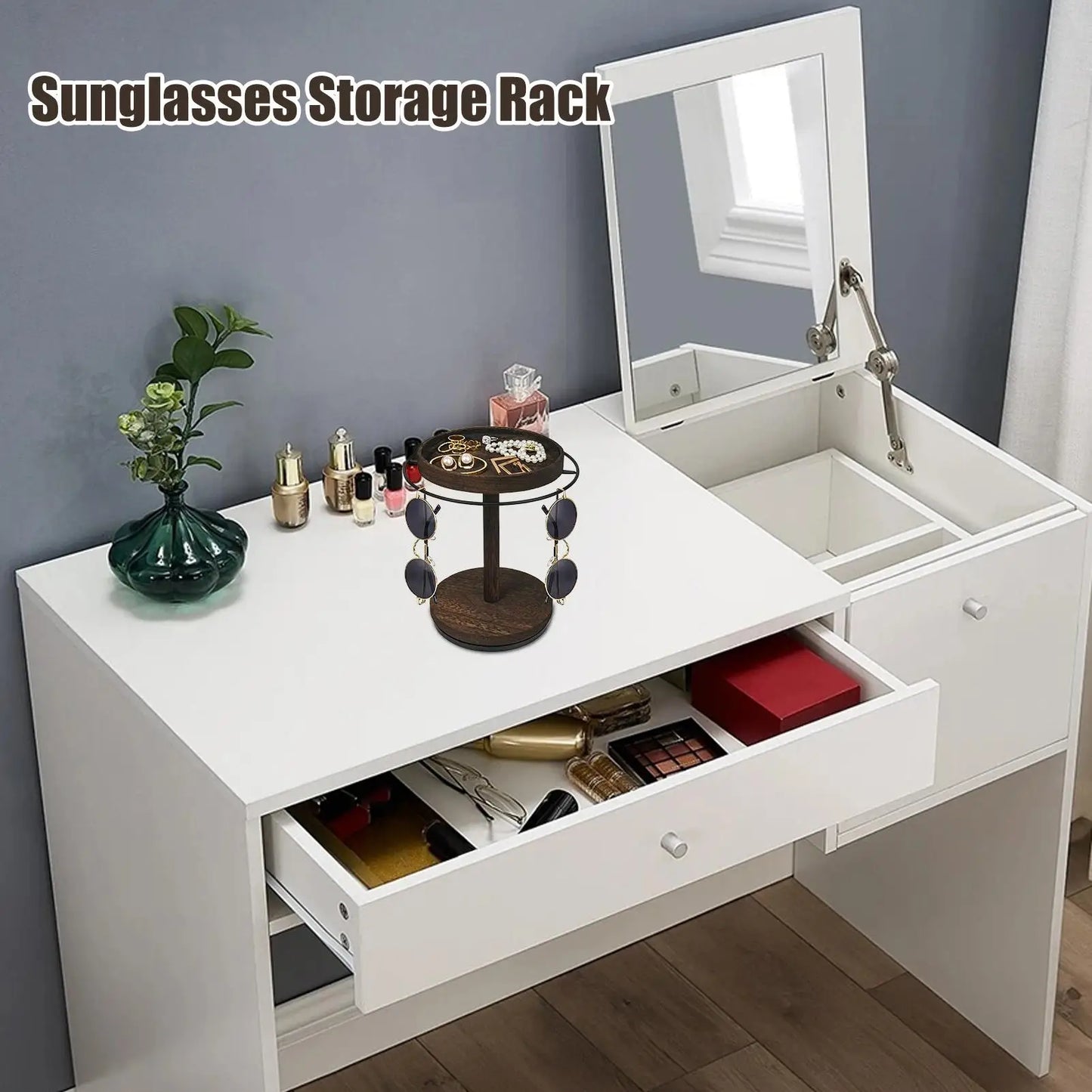 HANDMADE Sunglass Organizer 360 Degree Rotating Sunglasses Stand With Tray And Base Wooden Eyeglass Display Rack For Bedroom Desk Bedside