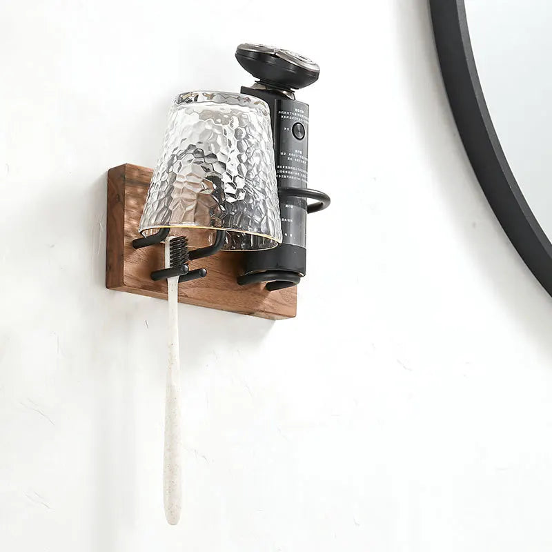 HANDMADE Solid Wood Toothbrush Holder Bathroom Shelving Cup Scraper Electric Shaver Holder Wall Hanging Multifunctional Storage Rack