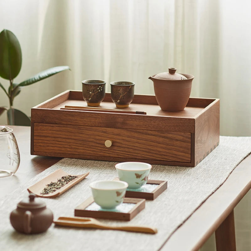 HANDMADE Walnut Wood Desktop Organizer with Drawers Japanese Style Storage Box for Cosmetics Multi Compartment Office Storage Solution