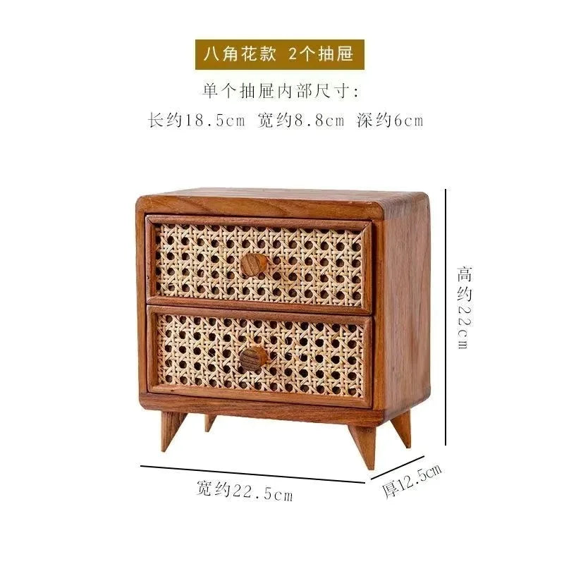 HANDMAME Desktop Wooden Storage Cabinet Retro Imitate Rattan Storage Box with Drawer Home Decor Sundries Organize Boxes Stationery Holder