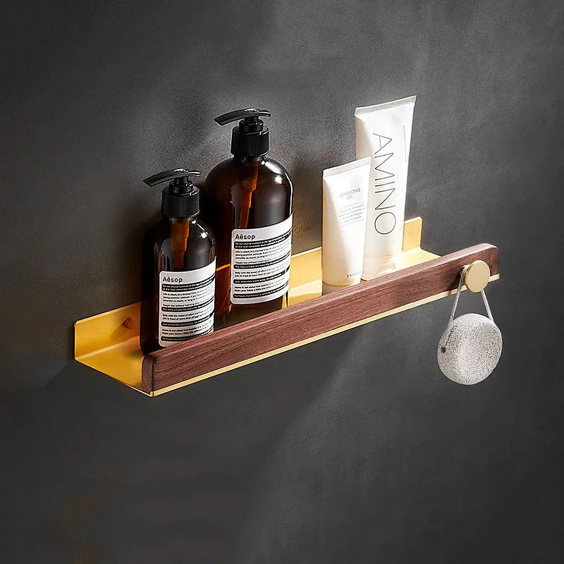 HANDMADE 30-50cm Brushed Gold Bathroom Corner Shelf Wall-mounted Shower Room Toilet Walnut Wood Cosmetic Storage Rack with Hook Rod