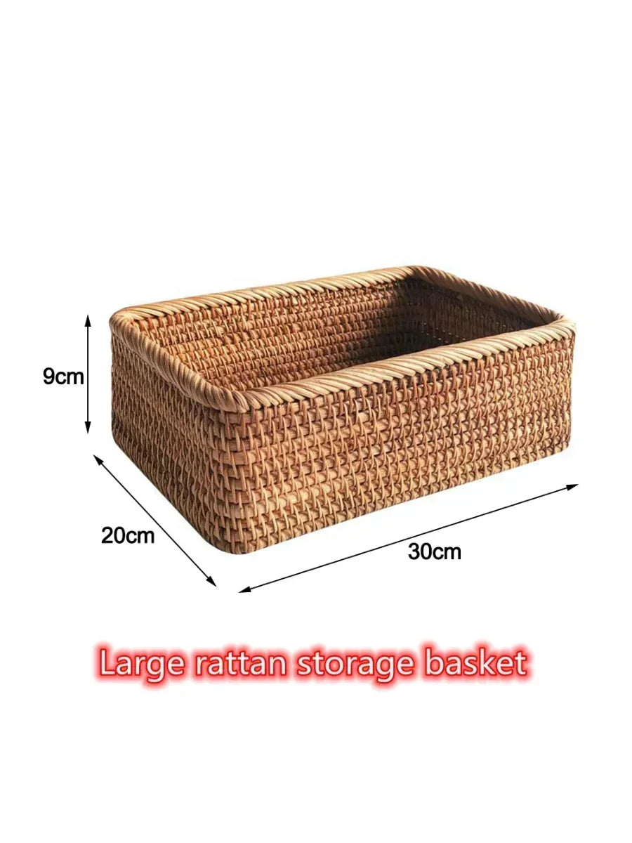 handmade Handwoven Rectangular Rattan Wicker Basket Fruit Tea Snack Bread Picnic Cosmetic Storage Box Kitchen Supplies Household Tools