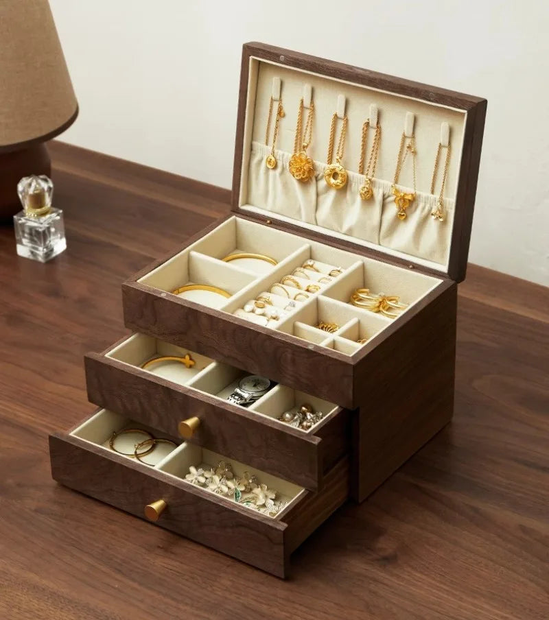 HANDMADE Black Walnut Jewelry Box Large Luxury Ring Storage Boxes Necklaces Earring Bracelet Display Case Jewellery Packaging Organizer