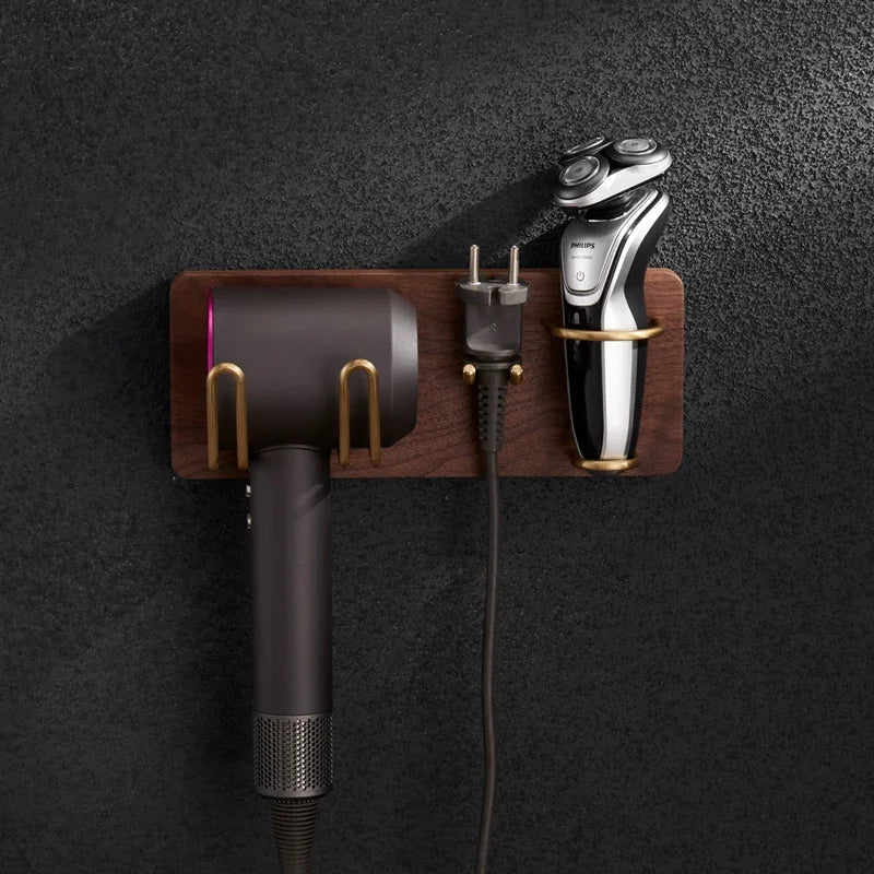 HANDMADE Solid Wood Hair Dryer Holder Wall Mounted Multi-Function Bathroom Rack Shaver Holder Toothbrush Rack Toothpaste Holder Plug Rack
