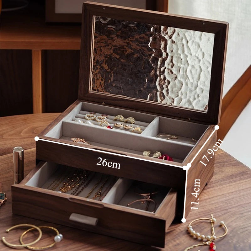 HANDMADE Solid Wood Jewelry Storage Box Large Jewellery Organizer Boxes Transparent Ring Earrings Cases Trinket Pendant Bracelet Case