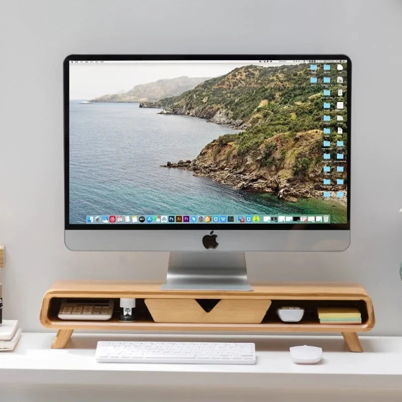 bamboo handmade Ergonomic Monitor Stand with Drawer Multilayer Laptop Riser for Neck Relief Space-Saving Office Desk Organizer and Computer Base