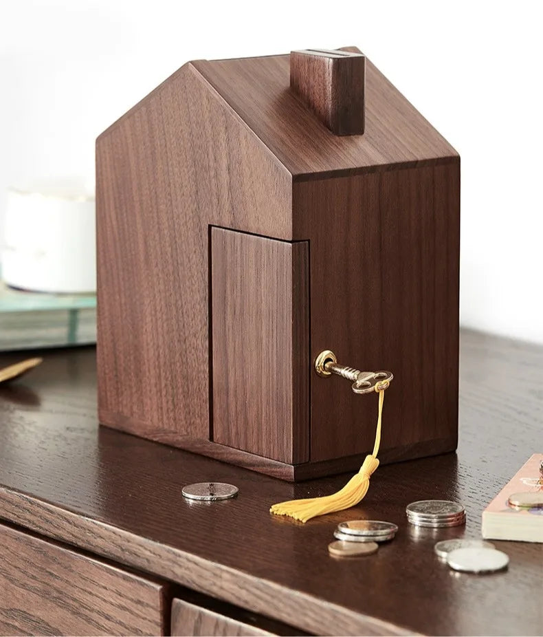 HANDMADE WALNUT MONEY SAVER Wooden Piggy Bank Decorative Money Box Creative Children Piggy Banks Multifunctional Money Saving Boxes with Lock Decoration