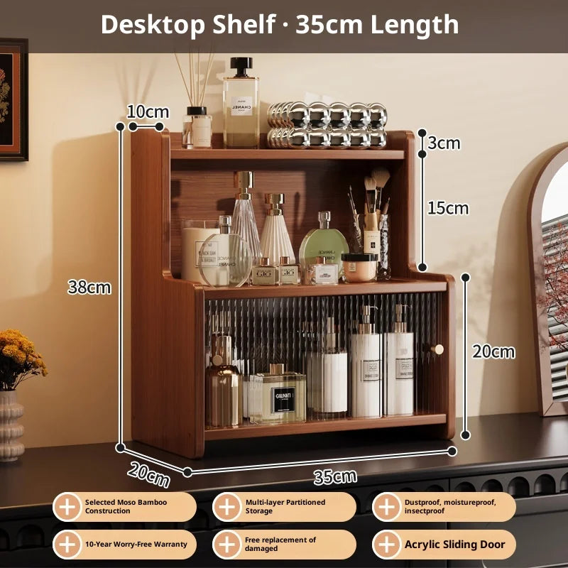 Multifunctional Bamboo Countertop Organizer Rack with Dustproof Door | Kitchen & Bathroom Storage Shelf