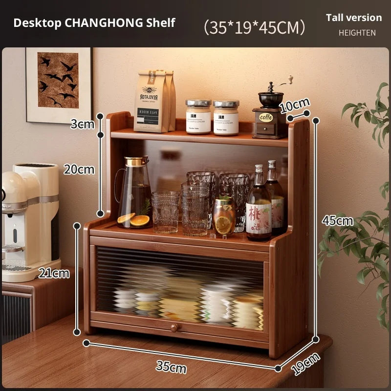 Multifunctional Bamboo Countertop Organizer Rack with Dustproof Door | Kitchen & Bathroom Storage Shelf