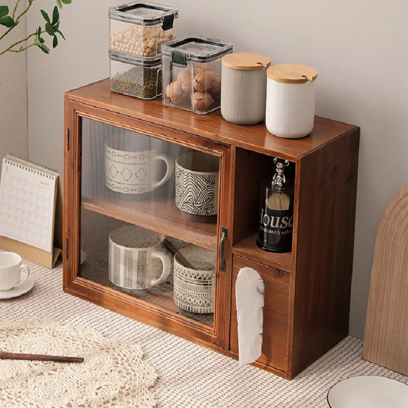 HANDMADE Office storage shelf with tissue box Retro double wooden tea set desktop storage box Cup dustproof cabinet storage box