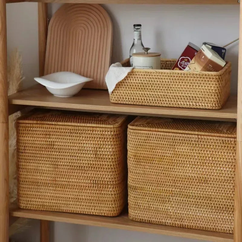 handmade Hand-Woven Rattan Laundry Basket with Cover Large Clothing Sundry Books Primary Color Storage Basket Home Supplies