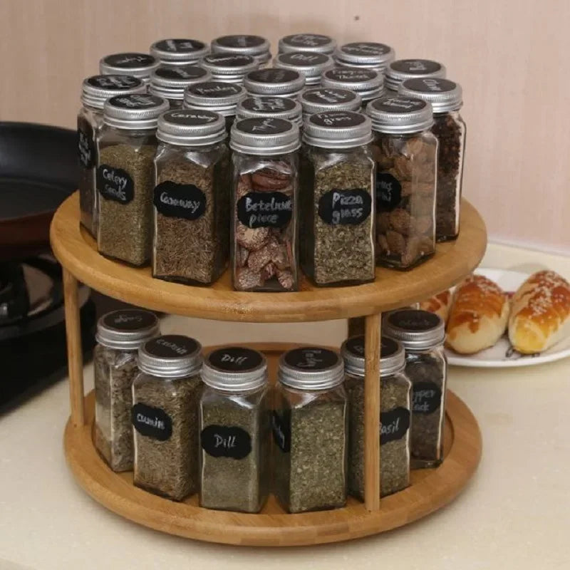 HANDMADE Bamboo turntable spice rack 2-layer bamboo kitchen counter top cabinet, rotary condiment storage box, cosmetics shelf