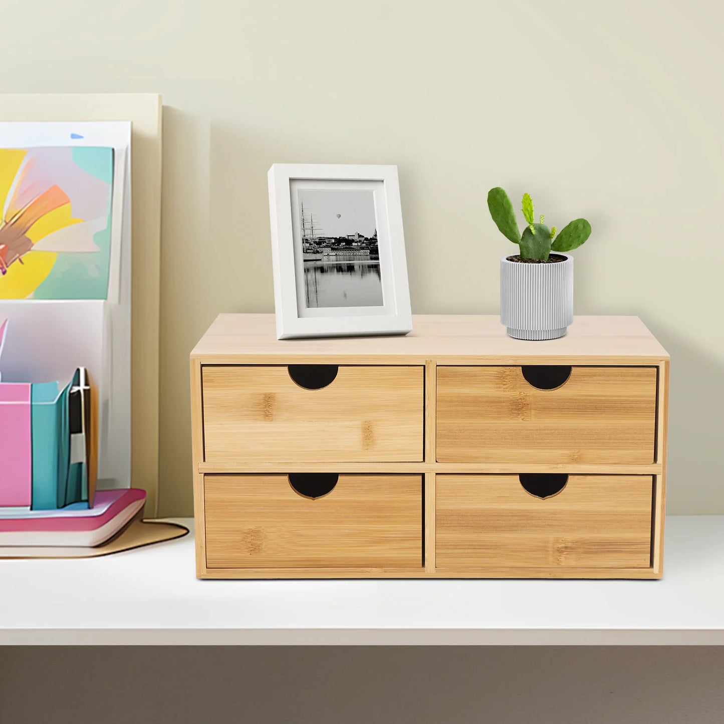 HANDMADE Bamboo 4-Drawer Desktop Organizer, 12.99x7.48in Wood Office Desk Storage for Makeup, Stationery, Minimalist Home Office Decor