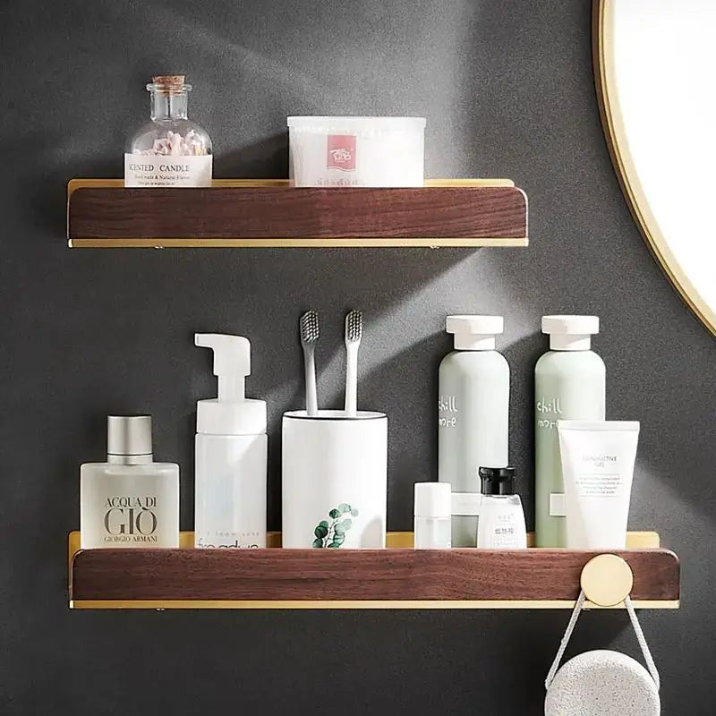 HANDMADE 30-50cm Brushed Gold Bathroom Corner Shelf Wall-mounted Shower Room Toilet Walnut Wood Cosmetic Storage Rack with Hook Rod