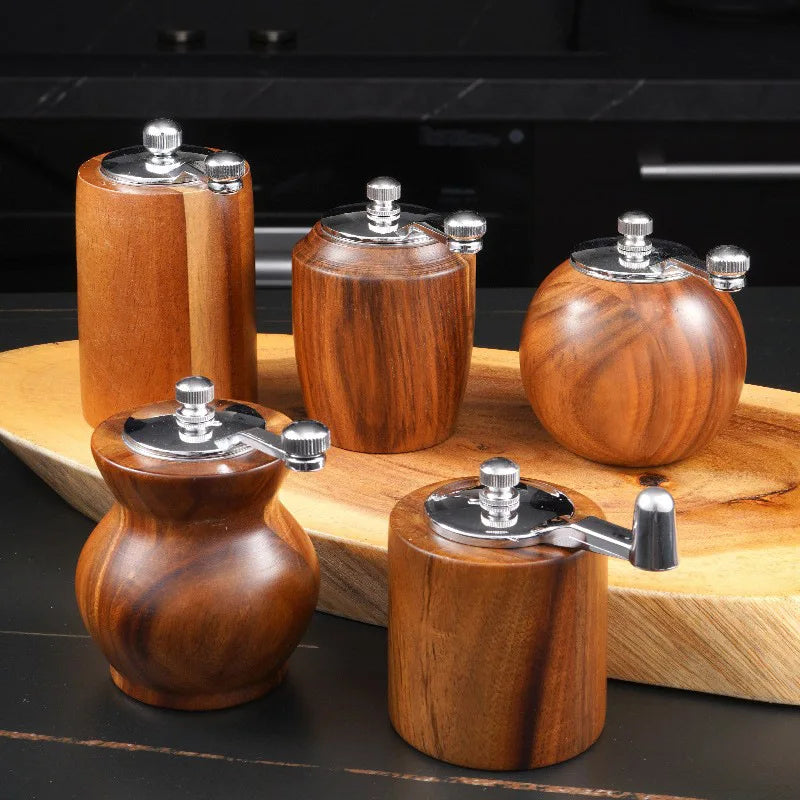 HANDMADE ACACIA WOOD Hand-crank Pepper Grinder,Ceramic Core,Vase/Wine Jar/Sphere Style Spice Pepper Mill,Multi-purpose Salt Shakers,Wooden,BBQ Mill